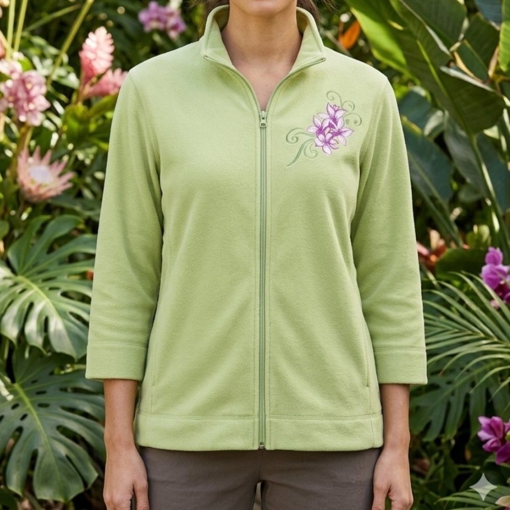 Tommy Bahama Womens Green Floral Embroidered 3/4 SleeveZip Up Athletic Jacket. M